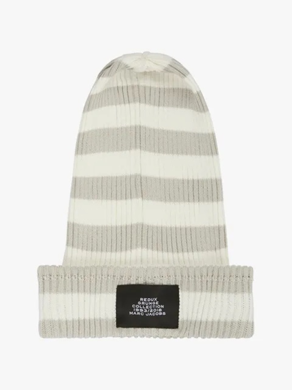 Marc Jacobs Redux Grunge Ribbed Striped Beanie in Cream and Gray